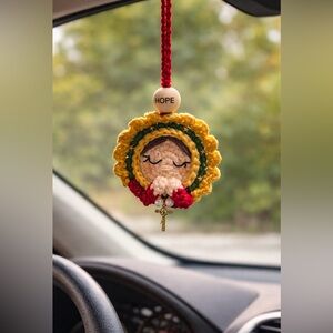 Handmade Crochet virgen de guadalupe  Car Charm - Yellow & Red
